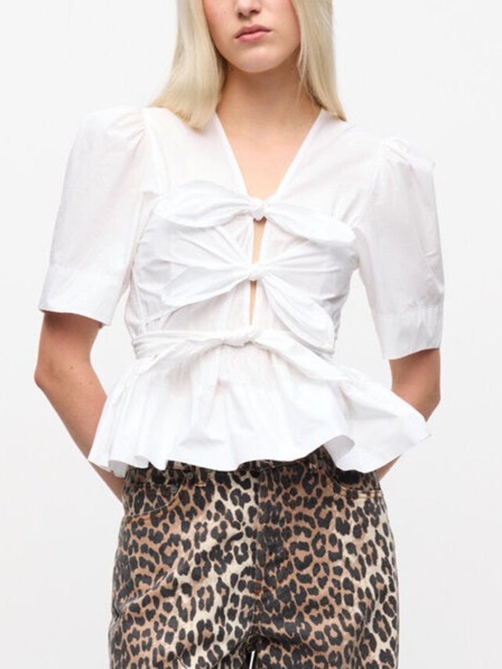 Ganni White Bow-Tie Peplum Blouse - White